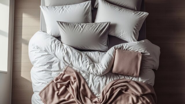 Top-down shot of a neatly made bed with white and rose bedding
