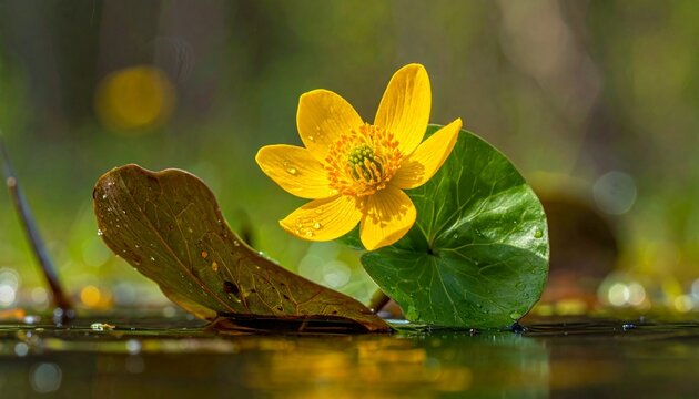 Yellow water lily blooming on pond surface with green leaves