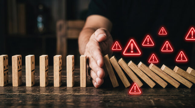 Hand Stopping Domino Effect to Prevent Further Business Risk