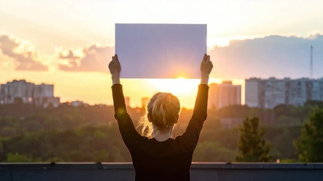 A person, viewed from behind, holds a blank sign up to a warm sunset, framed by city buildings