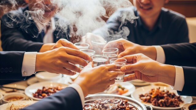 Business - Asian Businessmen Toasting with Shot Glasses of Baijiu at a Formal Chinese Business Dinner