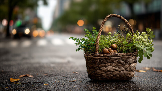 Panoramic wide angle view of foraged wild edibles basket on empty city asphalt street