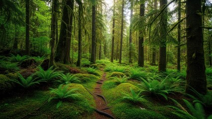 Obraz premium Verdant forest path leads through lush green ferns and towering trees