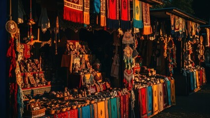 Naklejka premium Vibrant outdoor market stall displays colorful textiles and handcrafted goods