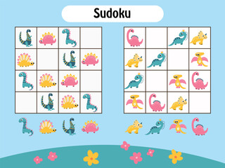 Dinosaur Sudoku logic game for kids, educational puzzle activity worksheet with cute dinos for preschool and kindergarten children © Helga KOV