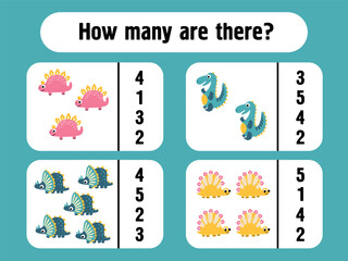 "How many are there" math game for kids with cute dinosaurs, counting activity worksheet for preschool and kindergarten children. © Helga KOV