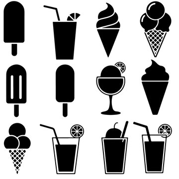 Black frozen dessert and cold drink icon collection with popsicles, ice cream cones, milkshakes, smoothies and beverage silhouettes isolated on light background