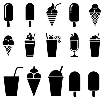 Black frozen dessert and cold drink icon collection with popsicles, ice cream cones, milkshakes, smoothies and beverage silhouettes isolated on light background