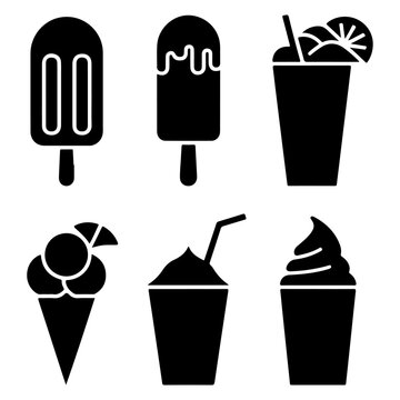 Black frozen dessert and cold drink icon collection with popsicles, ice cream cones, milkshakes, smoothies and beverage silhouettes isolated on light background