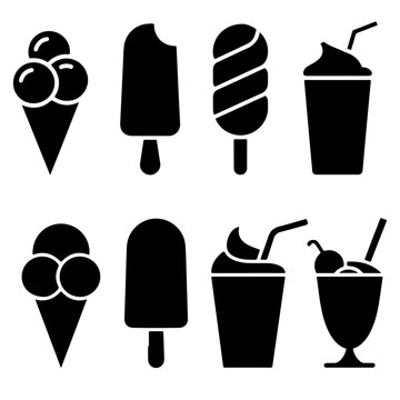 Black frozen dessert and cold drink icon collection with popsicles, ice cream cones, milkshakes, smoothies and beverage silhouettes isolated on light background