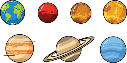Solar System and Planet Icon Set with Earth, Mars, Mercury, Venus, Jupiter, Saturn, Neptune, and Planetary Designs for Astronomy, Space, and Digital Artwork © MdMojnu