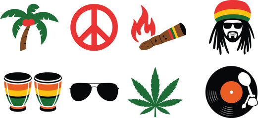 Set of reggae music themed icons isolated on light gray transparent background. © Mst Insanara Begum