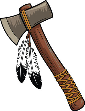 Traditional tomahawk axe illustration with feathers isolated on grid backdrop.