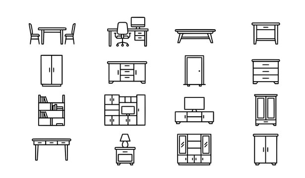 Tables and closets outline icon collection with editable furniture vector symbols