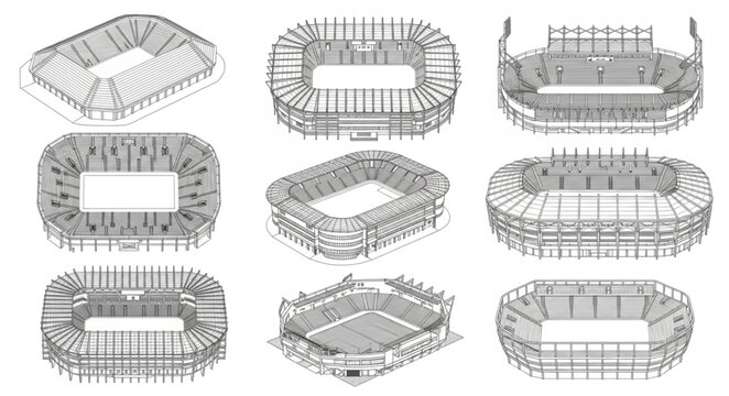 Collection of stadium architectural sketches in isometric view.