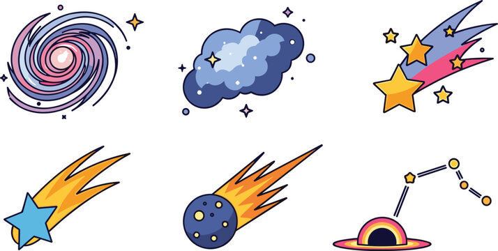 Space and Cosmic Icon Set with Galaxy, Cloud, Shooting Stars, Meteor, Planet, and Constellation Designs for Astronomy and Digital Artwork