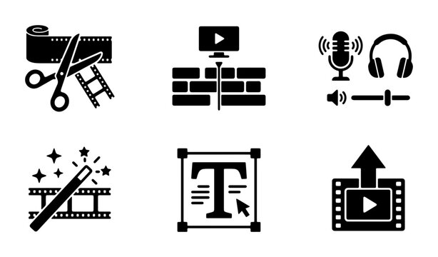 Video Editing Icons Set, Film Production Symbols, Multimedia Creation Graphics, Digital Content Tools, Audio Visual Elements, Vector Graphics