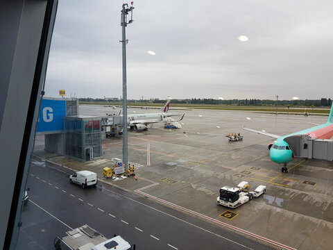 Kyiv, Ukraine - March 15, 2021: Qatar Airways aircraft and Windrose Airlines airplane parked at boarding gates in Boryspil International Airport during rainy weather with airport ground service vehicl