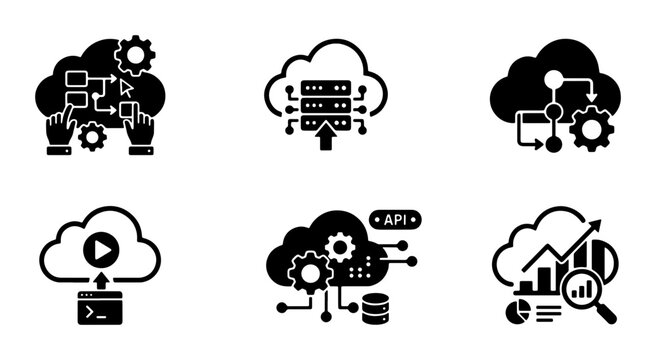 Cloud Computing Icons Set, Data Storage & API Integration, Network Management & Analytics, Software Development & Deployment Vector Graphics