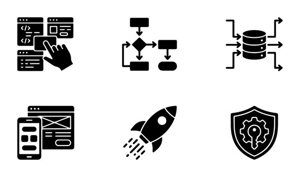 Modern Technology Icons Set: Coding, Flowchart, Database, Mobile App, Rocket Launch, Security Shield Vector Graphics