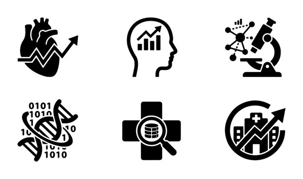 Medical Science Icons, Healthcare Analytics Graphics, Cardiology Data, Research & Development Vector Set, Biotechnology Symbols