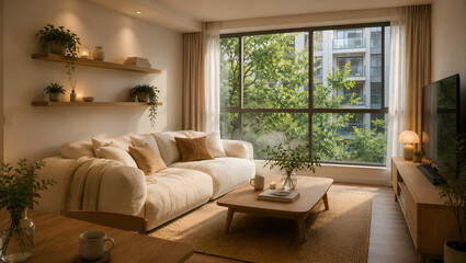 Fototapeta premium Cozy Minimalist Living Room with Natural Light Apartment Interior Design 