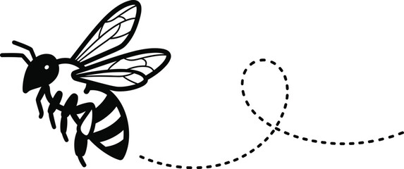 Black and white illustration of a flying bee with dotted trail © Rina