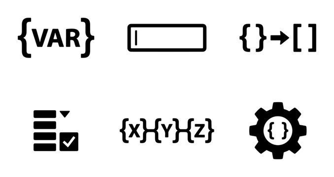 Programming Code Snippets, Variable Declaration, Data Structure Icons, Settings Gear, List Checkbox, Function Syntax, Vector Graphic Elements for Software Development and Web Design