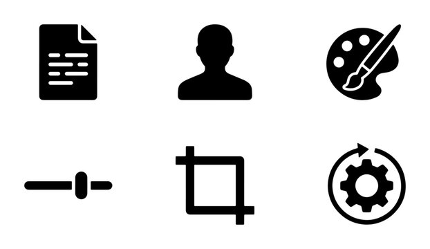 Set of 6 Black Vector Icons: Document, User Silhouette, Art Palette, Slider, Crop Tool, Gear Cog, Graphic Design Elements for Web and App UI