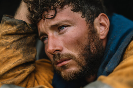 Exhausted Construction Worker Resting After Hard Physical Labor and Long Shift