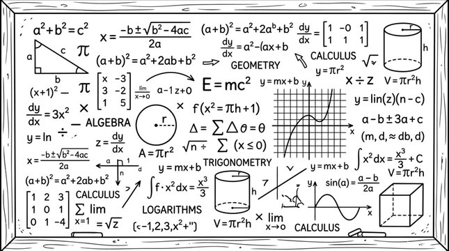 A blackboard filled with a complex array of mathematical formulas, geometric shapes, and calculus equations, illustrating advanced scientific concepts.