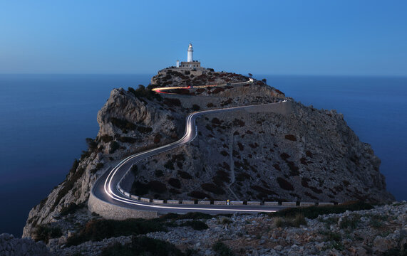 Cap de Formentor lighthouse on Mallorca at night, Spain
