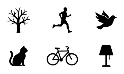 Silhouette Icons: Tree, Runner, Bird, Cat, Bicycle, Lamp. Simple Black Vector Graphics for Lifestyle, Nature, and Home Design Concepts. © Sumaiya
