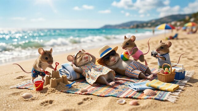 Group of cute mice enjoying summer vacation on sandy beach. Mice family relaxing and playing by ocean. Funny animal characters sunbathing, making sandcastle and taking travel photo.