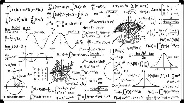 A comprehensive collection of mathematical formulas, graphs, and equations covering calculus, physics, and probability, presented on a whiteboard.