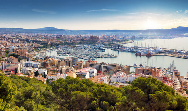 City ​​of Palma de Mallorca from the mountain with port and beach, Spain