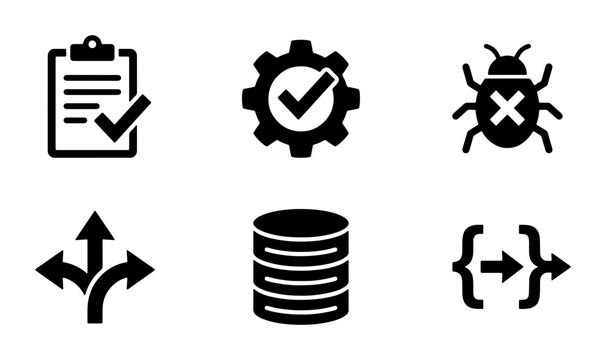 Software Development Icons Set: Checklist, Gear, Bug, Branching Paths, Database, Code Snippet, Vector Graphics for Tech and Business