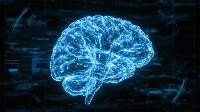 Futuristic neural network technology displays a glowing blue brain with digital intelligence and data processing capabilities in a dark cyber environment.