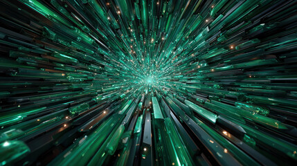 Fototapeta premium Abstract digital futuristic tunnel with glowing green lines and data stream particles in motion