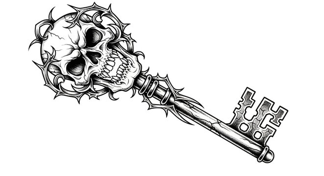 Gothic skull skeleton key wrapped in sharp thorns in tattoo art style