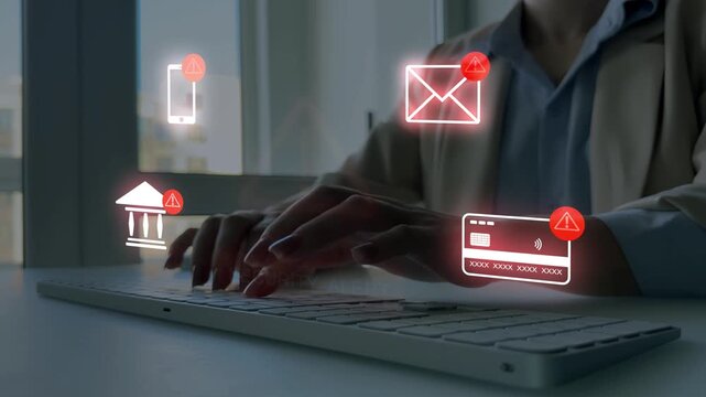Modern financial fraud and cybersecurity scam concept with warning symbols and secure system. System warning alert signals critical security issue. Scene reflects strong cybersecurity protection.