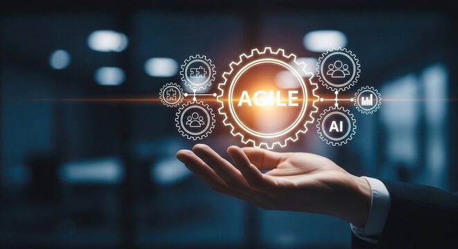 Hand Holding Digital Agile Methodology Icons for Business Innovation