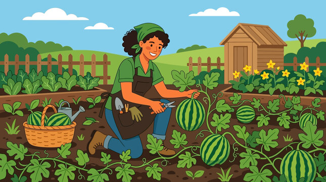 Smiling female gardener wearing a functional apron harvests fresh organic watermelons in her lush vegetable patch during a sunny day