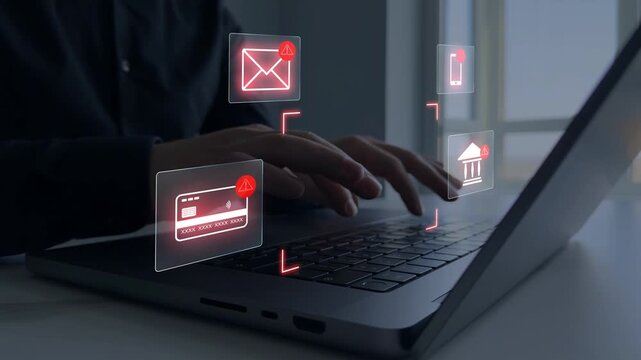 Modern financial fraud and cybersecurity scam concept with warning symbols and secure system. System warning alert signals critical security issue. Scene reflects strong cybersecurity protection.