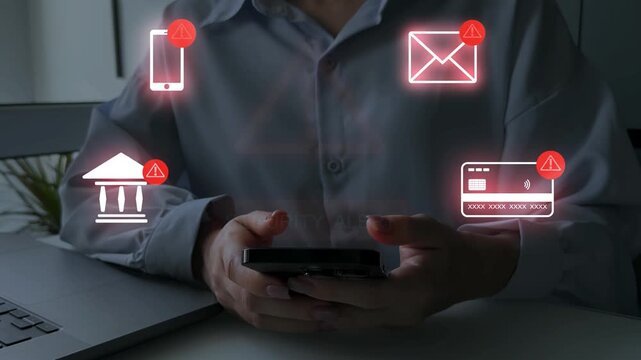 Modern financial fraud and cybersecurity scam concept with warning symbols and secure system. System warning alert signals critical security issue. Scene reflects strong cybersecurity protection.