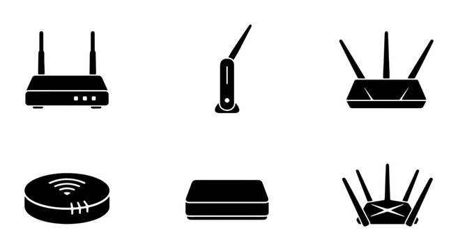 Modern Router Icons, Wireless Network Devices, Internet Connectivity Equipment, Technology Gadgets, Vector Set