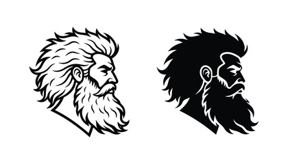 Wild bearded man profile portrait vector illustration for adventure and outdoor branding in black and white line art and solid silhouette style © Ryan