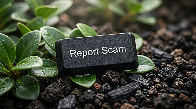 A close up photograph of a computer keyboard key with the text report scam printed thereon