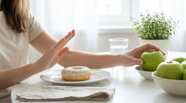 Diet and healthy living visual showing person avoiding donut for fruit