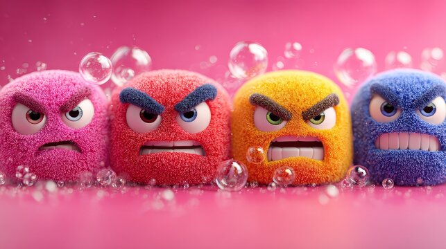 Four colorful cartoon characters with angry faces surrounded by bubbles on pink background
